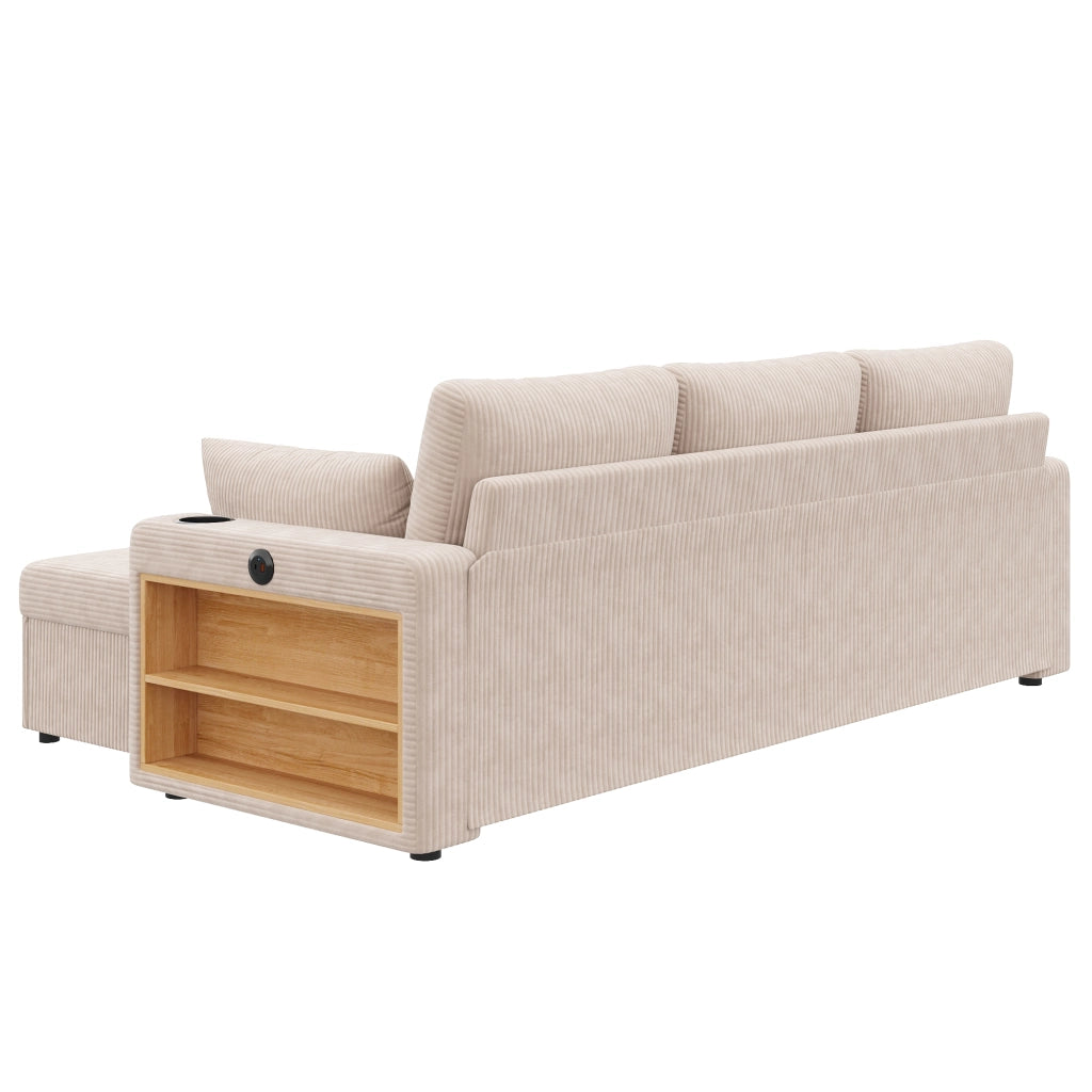 Divano modulare a U e L con contenitore; luci LED e USB in velluto a coste beige