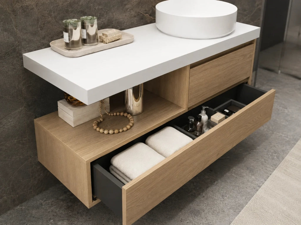 Mobile bagno componibile FORMENTERA con modulo da 120 cm, doppio lavabo e colonna, senza specchio