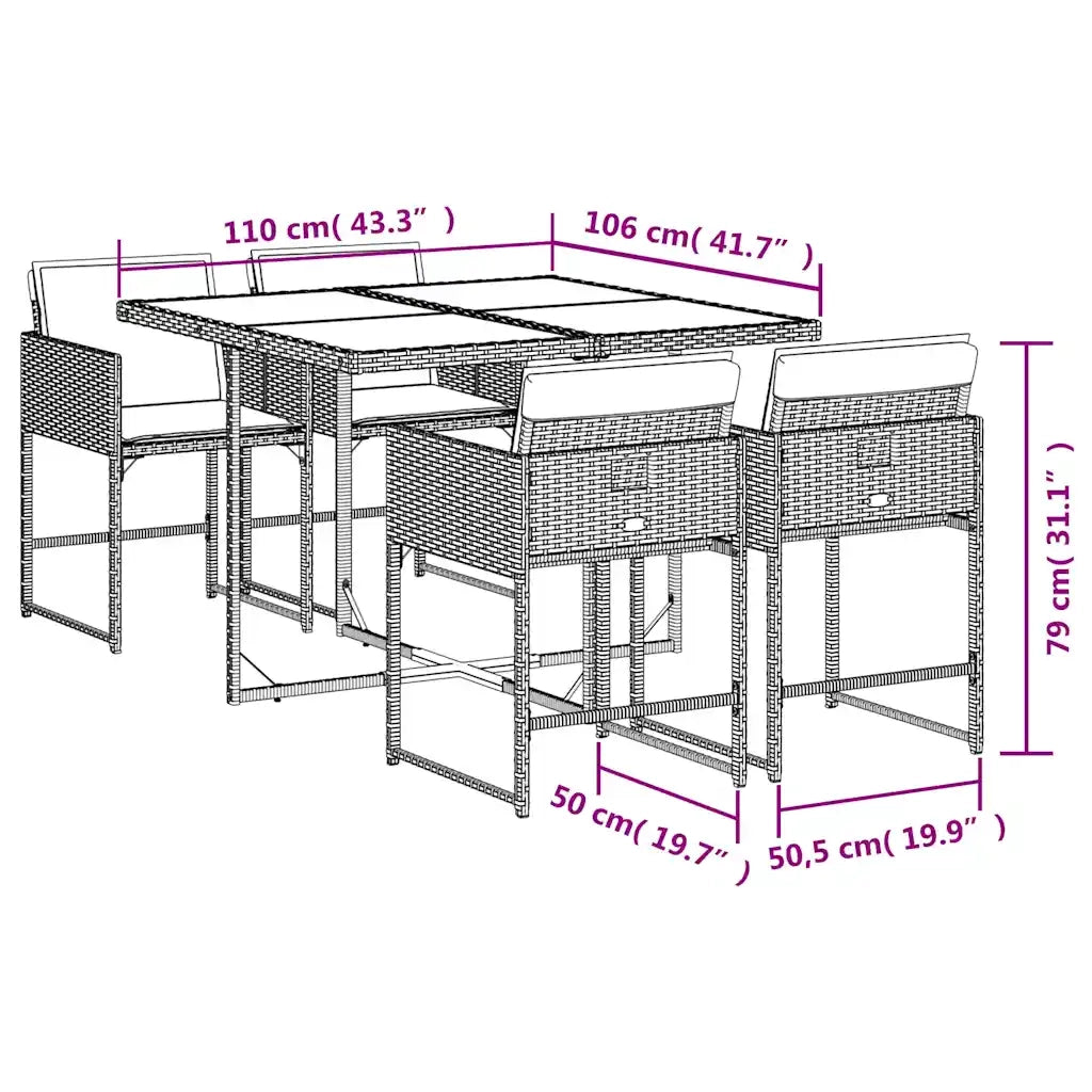 Set da Pranzo da Giardino 5pz con Cuscini in Polyrattan Marrone
