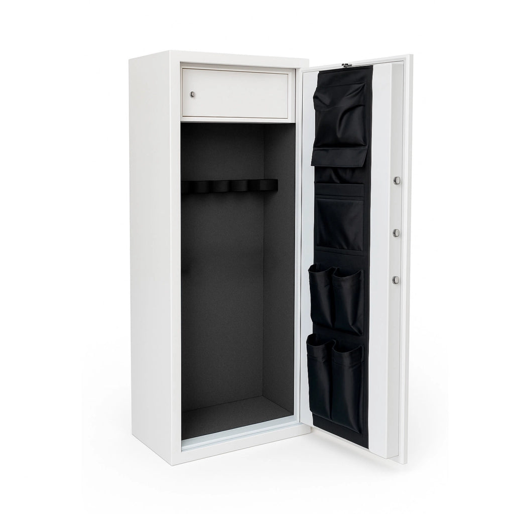 Armadio Blindato Portafucili In Acciaio Per Armi Con Tesoretto Serratura Digitale E Chiave Tasca Porta Oggetti Cassaforte Sicura 148 X 40 X 28 Cm 7 Posti Bianco Frassinato