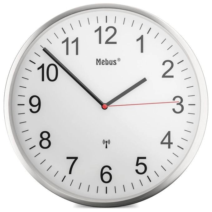 Mebus 19411 Orologio da Parete Radiocontrollato Diametro 30 cm con Quadrante Bianco e Lancetta dei Secondi Rossa colore Argento