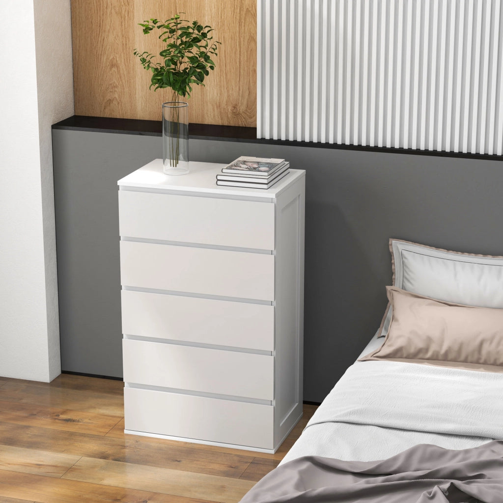 EasyComfort Cassettiera 5 Cassetti in Legno con Maniglie Scanalate, 60x38x100cm, Bianco