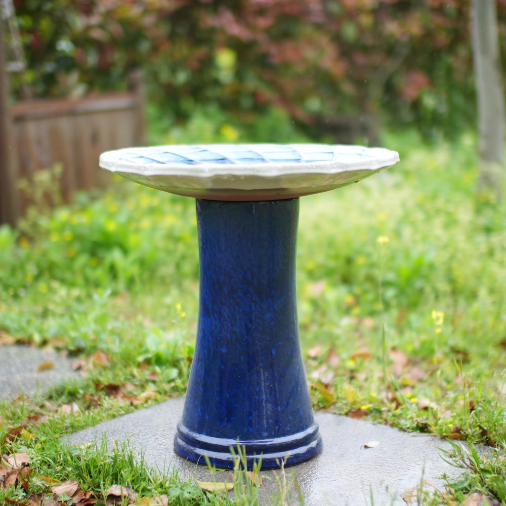 Vasca per uccelli in ceramica fatta a mano, Ø 43 cm, H 45 cm, blu