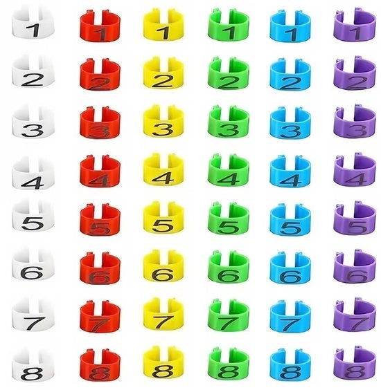 Anelli per coda di pollo 48 pezzi - Ringhiere per uccelli - Identificazione multicolore - Clip numerata - Materiale plastico resistente - Per polli/tacchini/oca - Ringhiere per uccelli
