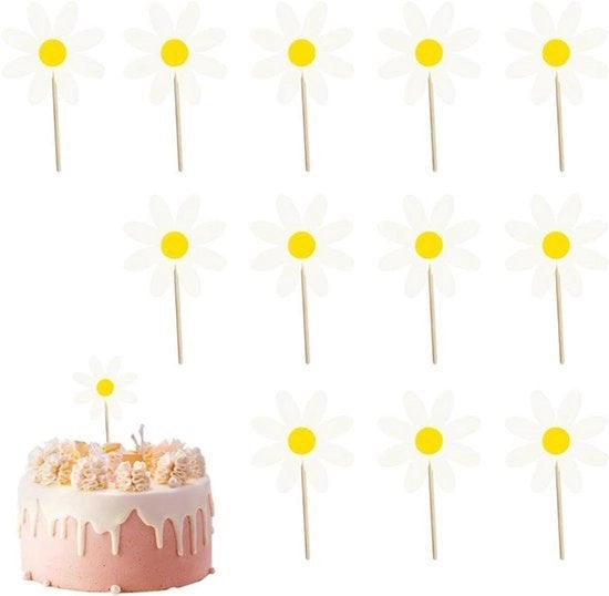 Set di decorazioni per torte - Fiori - Coppe di carta - Decorazioni per torte - Buon compleanno - Decorazioni per feste - Ragazze - Bambine - Sposali (bianco) con 12 pezzi - Margherite.