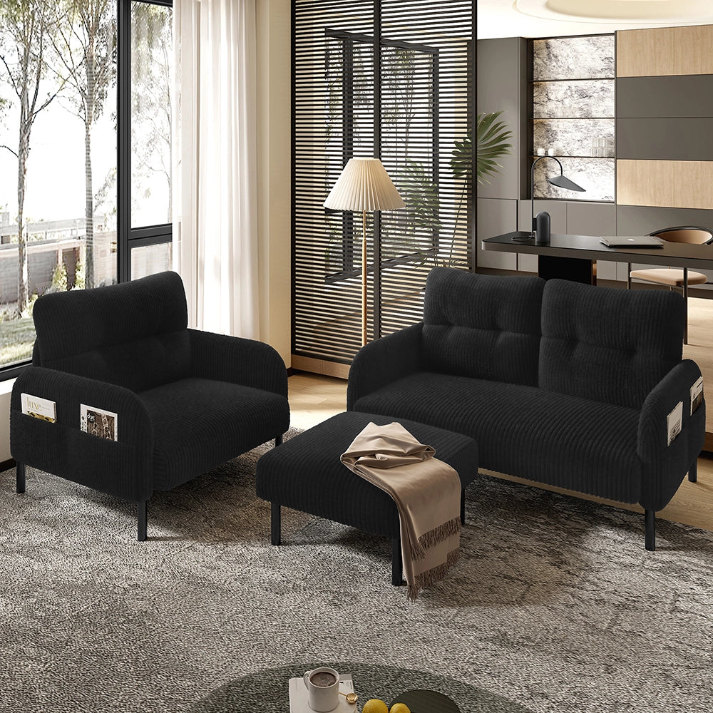 Set 3 pezzi - Xylo - divano+poltrona+pouf cord tubo acciaio nero