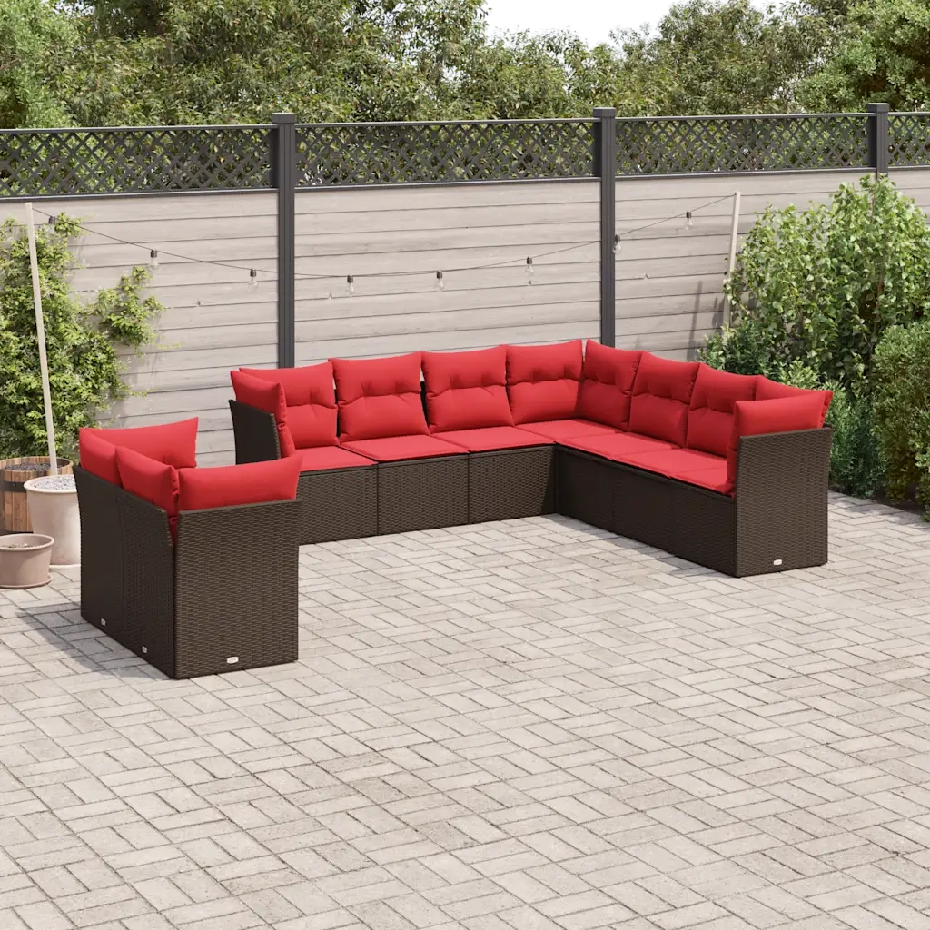 Set Divani da Giardino 9 pz con Cuscini Marrone in Polyrattan 3217844