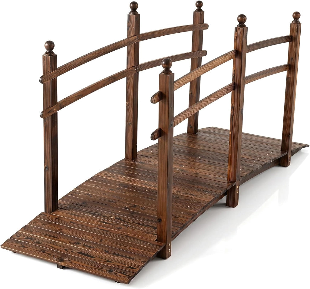 Ponte da Giardinoin Legno di Abete Carbonizzato (230 x 73 x 108 cm) | Ponticello Decorativo con Ringhiere di Sicurezza per Laghetto, Stagno e Cortile, Portata 500 kg