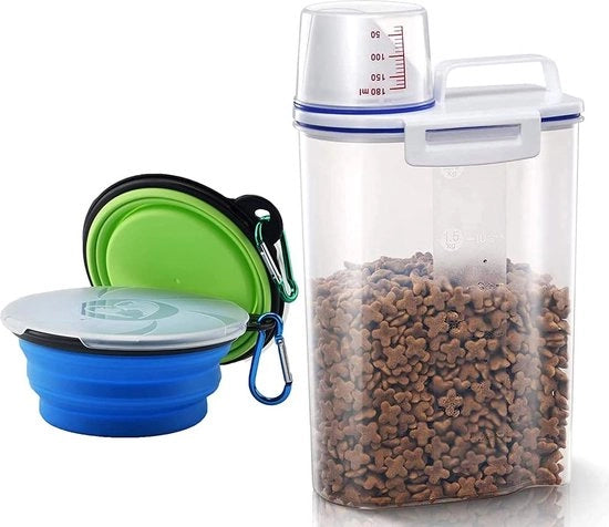 Alimentatore per cani, contenitore di scorta, scatola a tenuta d'aria, alimentatore per cani, scatole di muesli, scatole di scorta, scatole di scorta, BPA-free, plastica, scatole di scorta con 2 contenitori pieghevoli, contenitore per cani e gatti