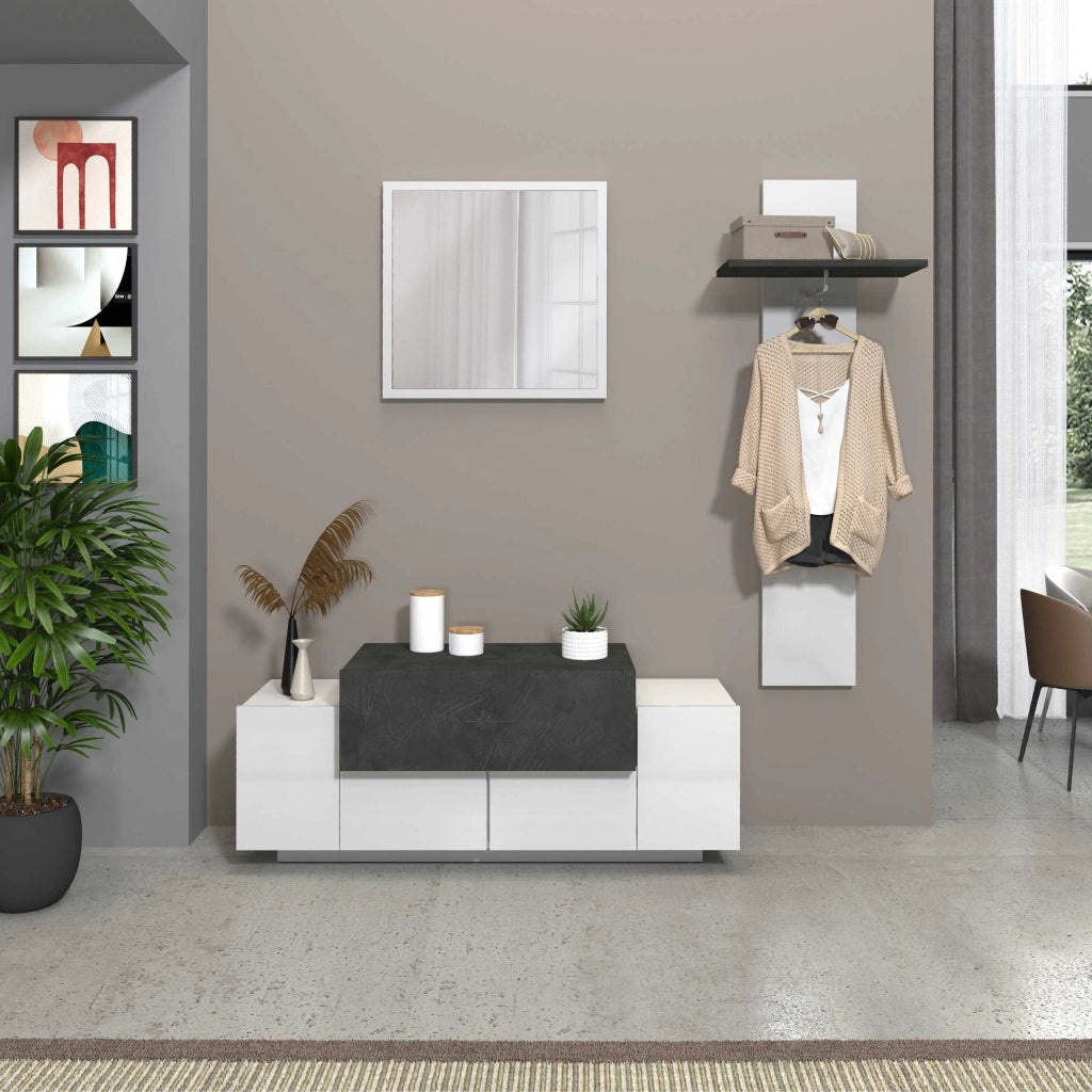 WHOUS Scarpiera a panca Corona 2 ante 1 ribalta bianco lucido/ardesia 120x45x51 cm