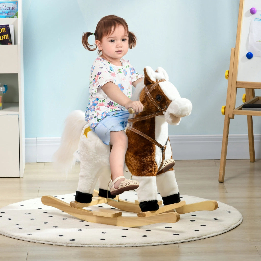 EasyComfort Cavallino a Dondolo per Bambini da 3-6 Anni in Peluche con Suoni, 68x26x62cm, Marrone