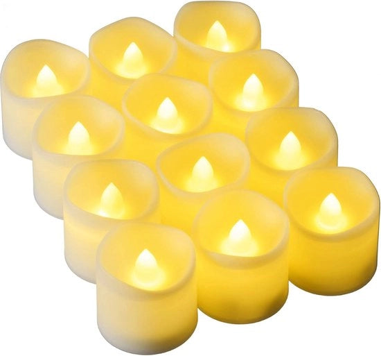 Led Vetrine a Cera - 12 Pezzi - Con Timer - Fiamma Vibrante - Lampade da Tavolo - Candelotti Falsi - Fiamma Flickerante - 3,5 x 3,5 cm
