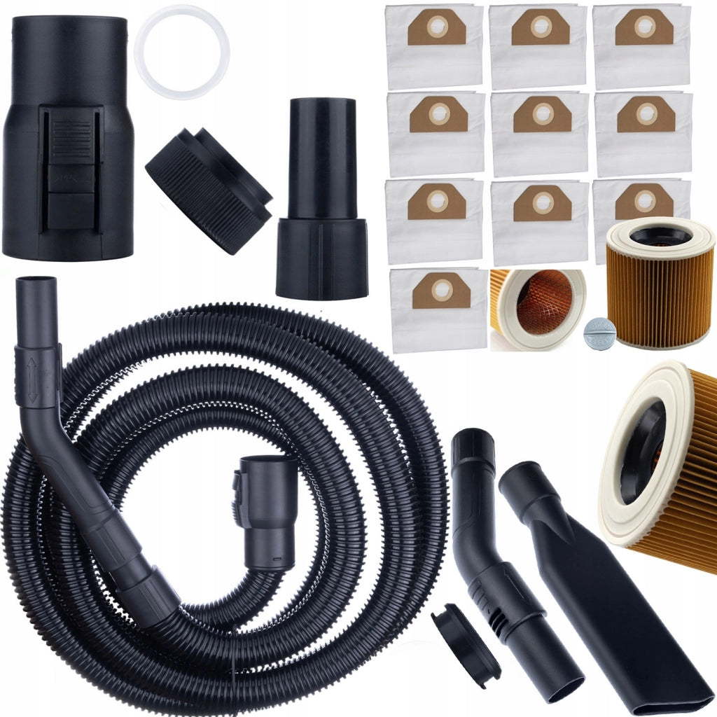 Set di Sacchetti e Filtro per Aspirapolvere compatibile con Kärcher WD2 WD3 – 10 Sacchetti, Filtro Lavabile, Tubo 4m
