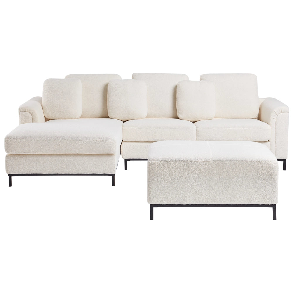Divano angolare in tessuto bouclè bianco 5 posti versione destra forma a L con pouf