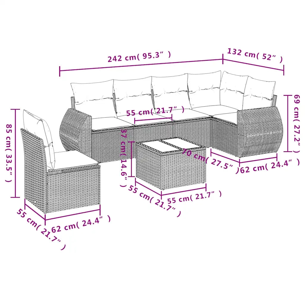Set Divani da Giardino 7 pz con Cuscini Marrone in Polyrattan 3253780