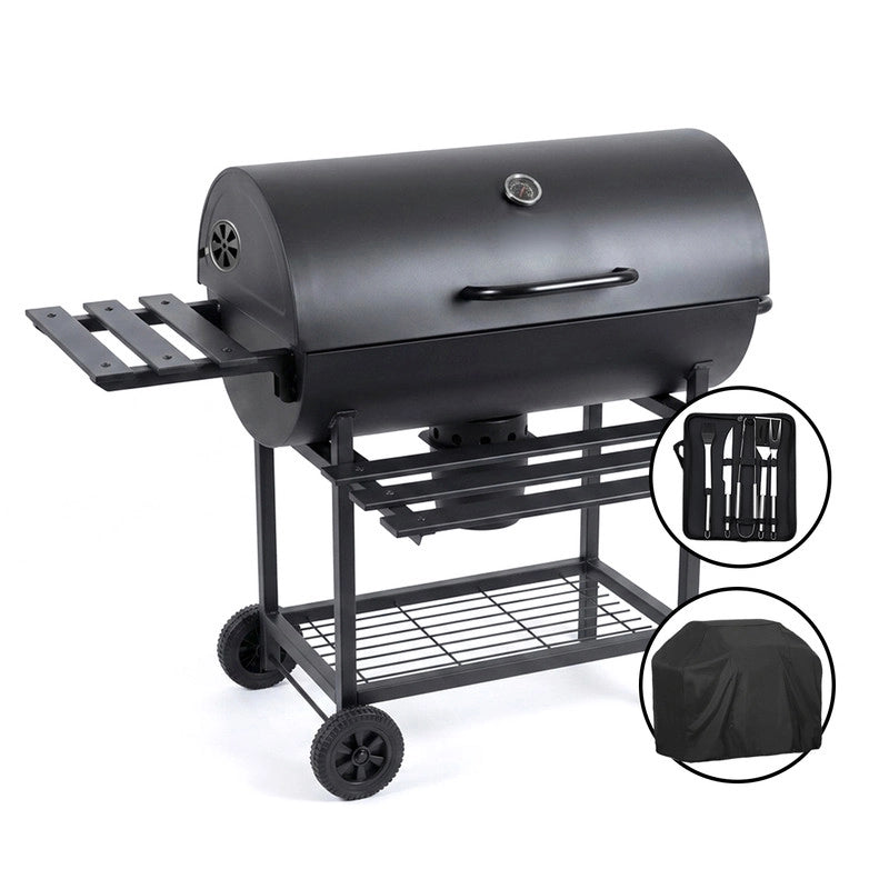 RMF Barbecue a Carbonella con Griglia XL con Termometro Integrato - Kit Accessori e Copertura inclusi, Carrello in Acciaio Resistente con Ruote, Ripiani Laterali Pieghevoli, Cassetto Raccogli-Cenere