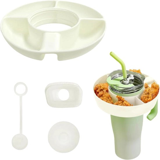 Piatto di snack in silicone crema, 3 pezzi di protezione contro le gocce in silicone, piatto riciclabile, scodella per snack per tazza da caffè a forma di Stanley