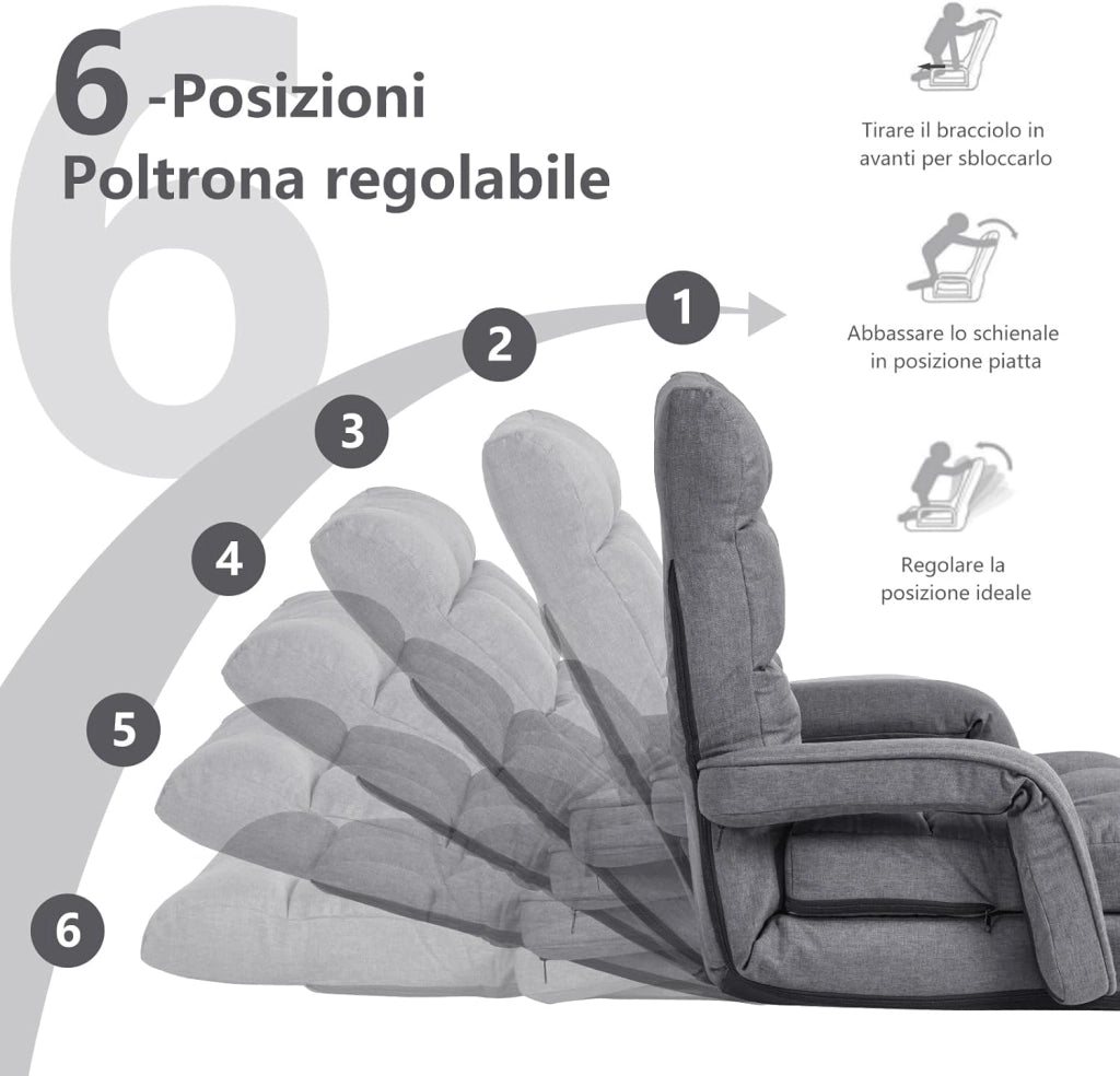 Poltrona Divano con 5 Livelli Regolabili, Sedia da Terra con Braccioli e Cuscino, Struttura in Acciaio, Multifunzione e Pieghevole per Soggiorno Camera da Letto, 55x66x71 cm (Grigio)