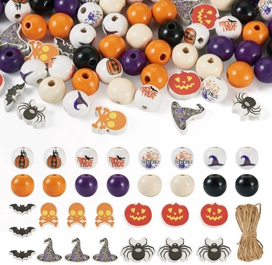 Accessori decorativi in legno - 104 pezzi - decorazioni a tema Halloween - corda juta 5m - creare collane decorative - legno naturale