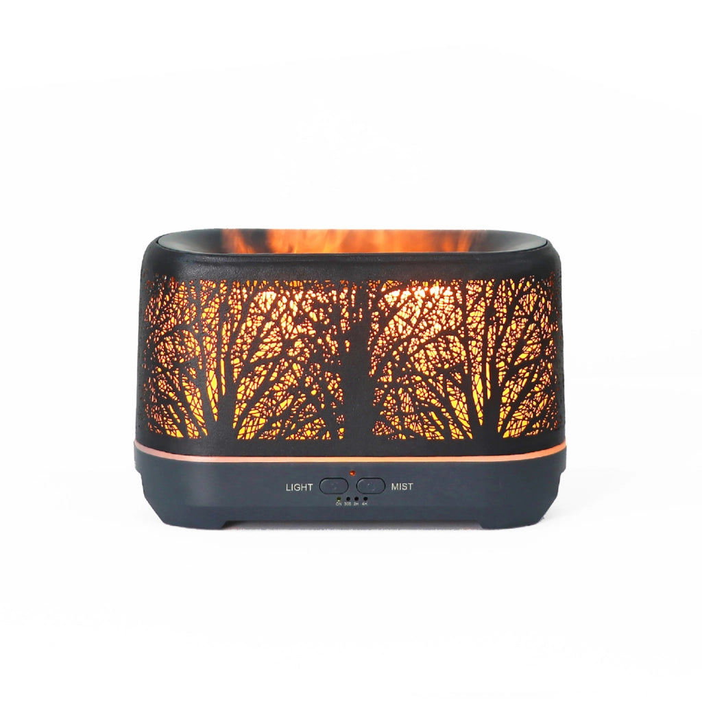 Diffusore di Aromi 200 ml con Effetto Fiamma LED, Umidificatore per Ambienti con Design Foresta, Autonomia fino a 4 Ore, Alimentazione USB/240V
