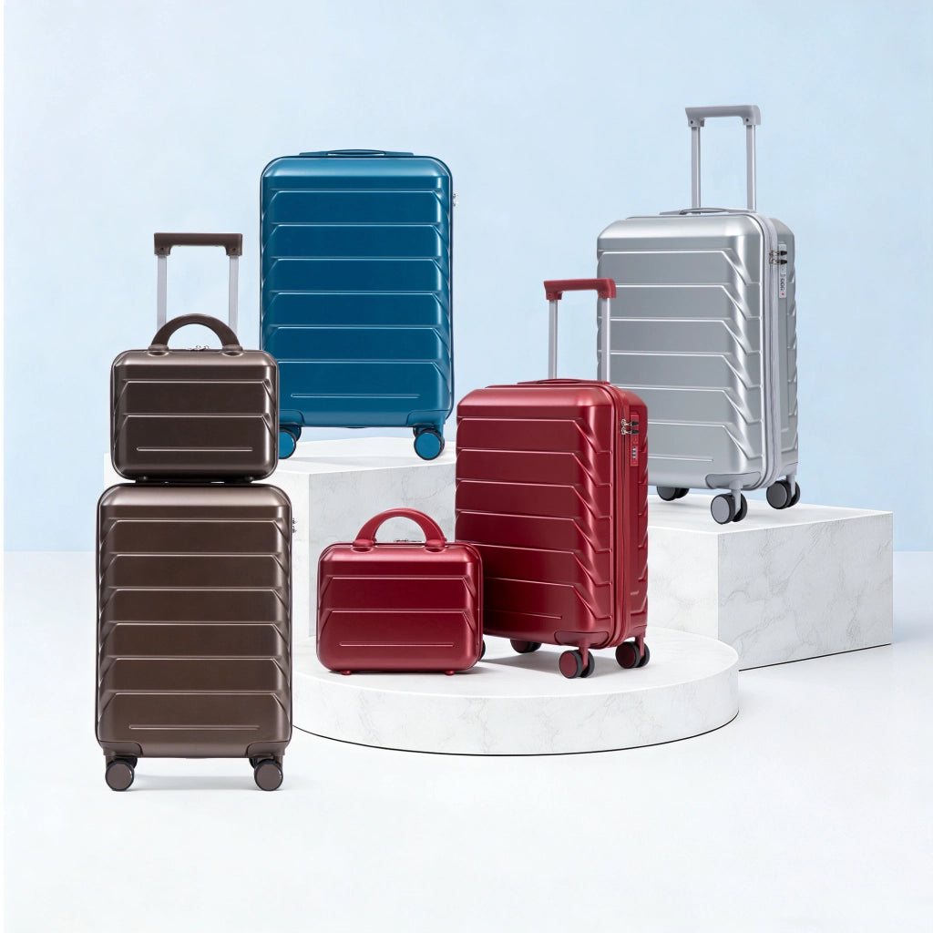 Set di valigie rigide in ABS con ruote piroettanti a 360° e vanity case rimovibile blu scuro