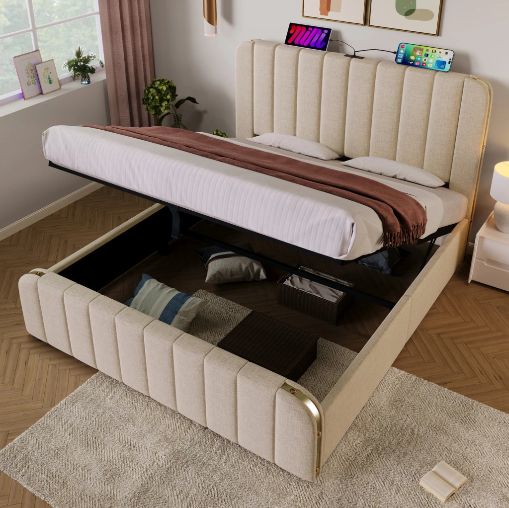 Letto contenitore imbottito 140x190 cm beige con USB e Type-C