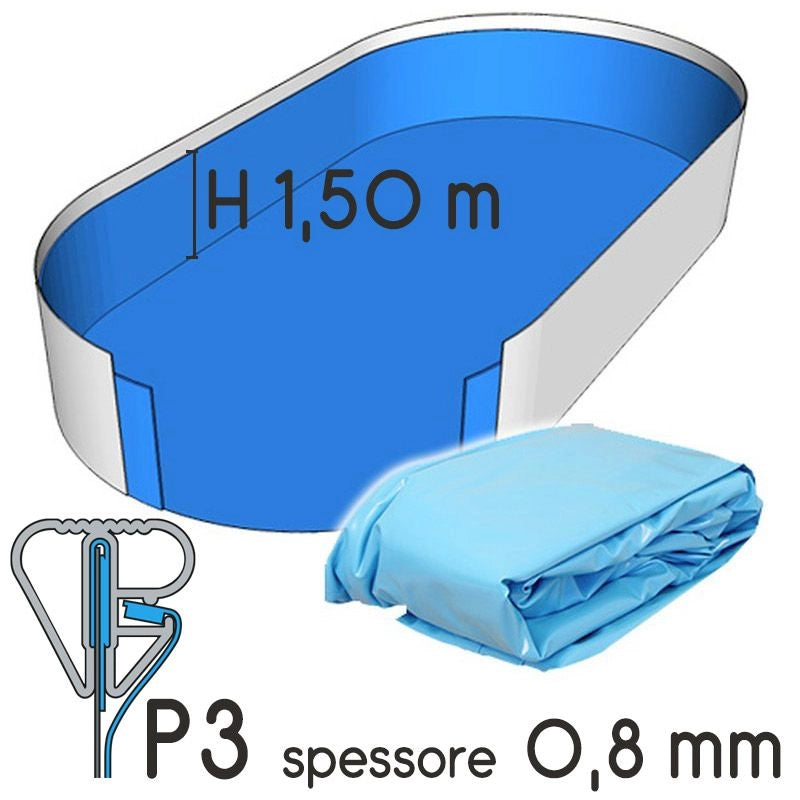 Liner Per Piscina A Forma Ovale 9,16 X 4,60 H.1,50 M Sabbia- Attacco P3 - Spessore 0,80 Mm Tipo attacco: P3, Colore: Azzurro, Altezza: 1.50 m