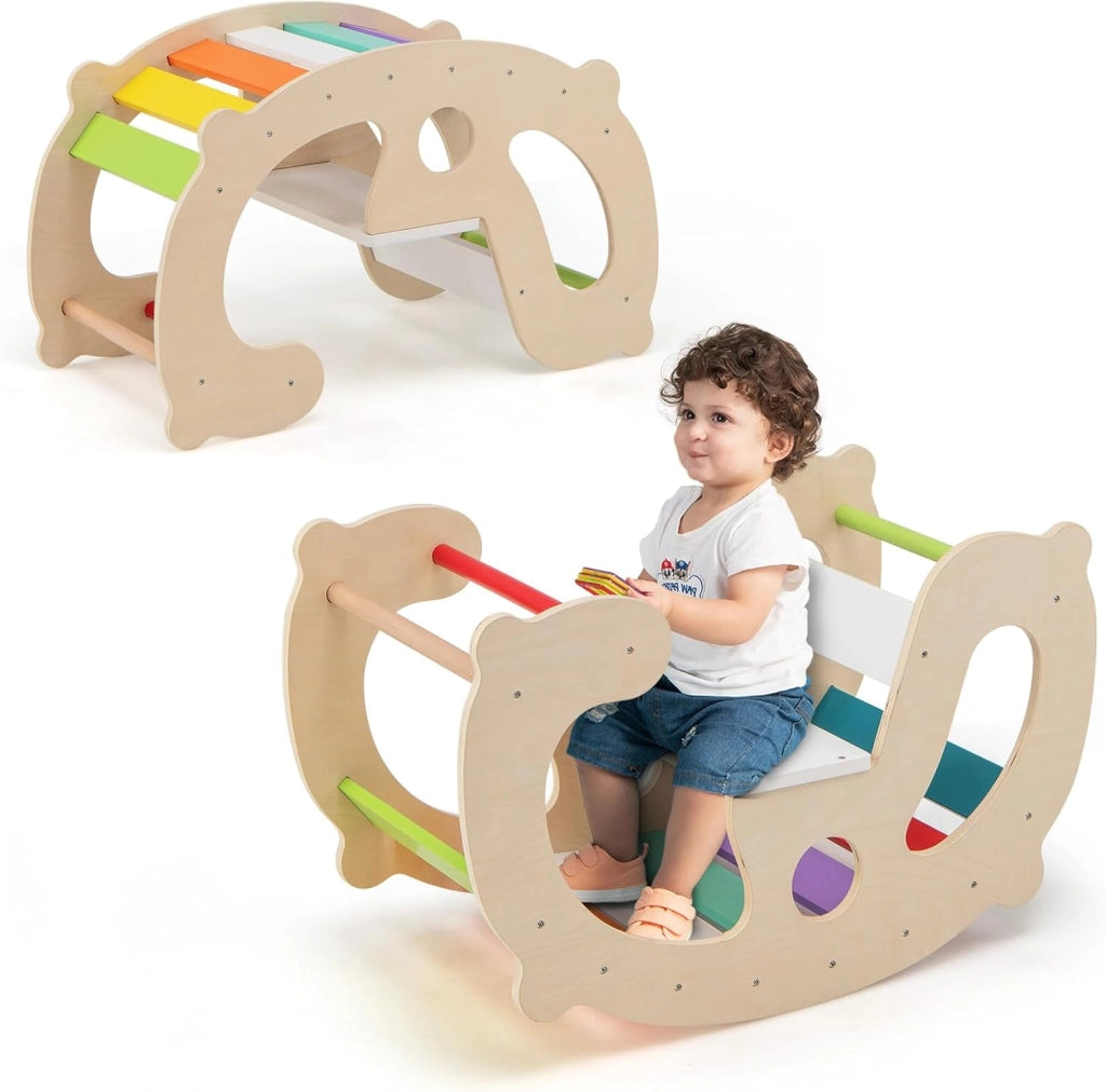 2 in 1 Arco da Arrampicata per Bambini, Arrampicata ad Arco con Dondolo Schienale e Sedile, Cavallo a Dondolo in Legno per Bambini 1 Anni +