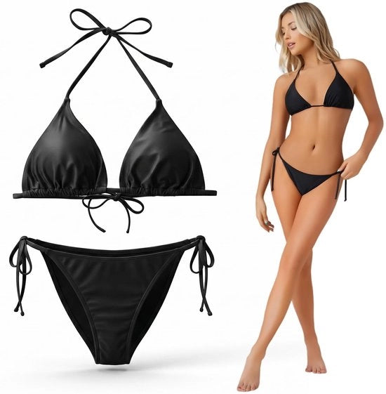 Bikini per donna con cerniera regolabile - Cappuccio triangolare - Stile brasiliano - Misura 66-78 cm - Abbigliamento confortevole in tessuto leggero nero