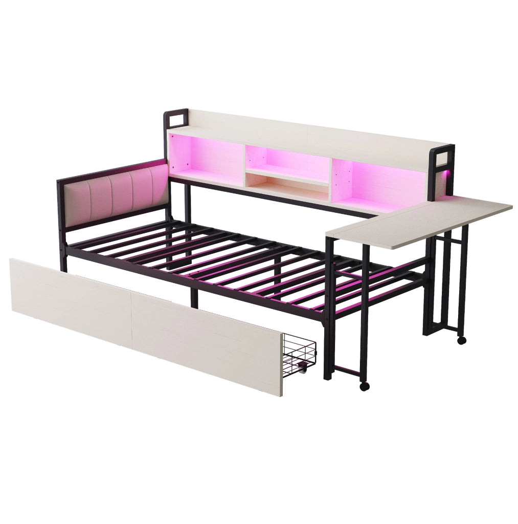 Letto 90x200 cm con scrivania estraibile; LED e cassetti