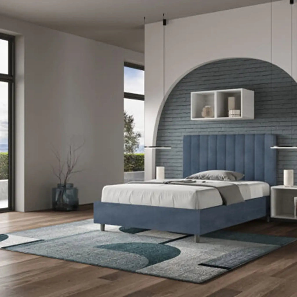 Letto una piazza e mezza contenitore imbottito 120x200 microfibra blu Agueda