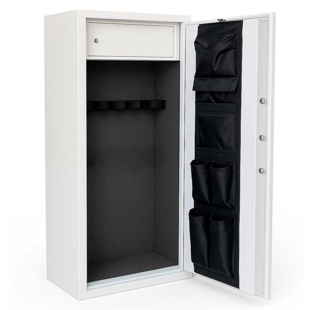 Armadio Blindato Portafucili Per Armi In Acciaio Con Chiave E Serratura Digitale Cassaforte Sicura Tasca Porta Oggetti Tesoretto 10 Posti Bianco Frassinato 148x53.5x32 Cm