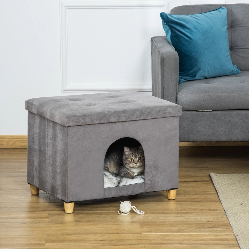 Poggiapiedi 2 in 1 per gatti a forma di grotta con cuscino, gambe in legno, cuccia, cestino per gatti, poggiapiedi imbottito, design elegante,