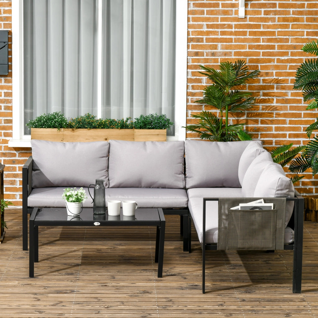 EasyComfort Set da Giardino 4 Pezzi con 2 Divanetti, Poltrona Angolare e Tavolino da Caffè in Vetro Temperato