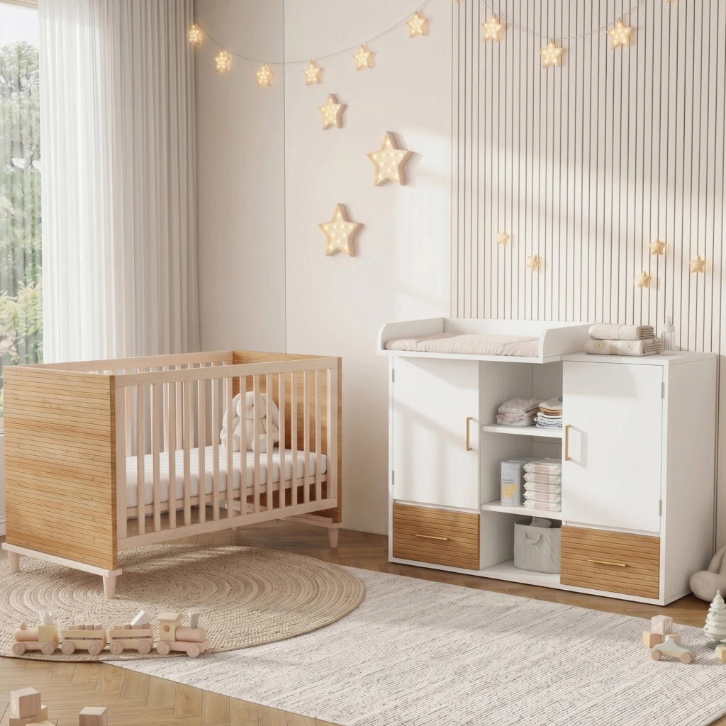 LETTO e FASCIATOIO Set da 2 pezzi 70x140/114x53 cm Naturale e Bianco