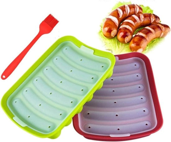 Molde per hot dog in silicone - 2 pezzi - con coperchio e pennello per ungere - forma di salsiccia - non stick per la carne - prodotto per bambini - 6 fori per torta - colore casuale