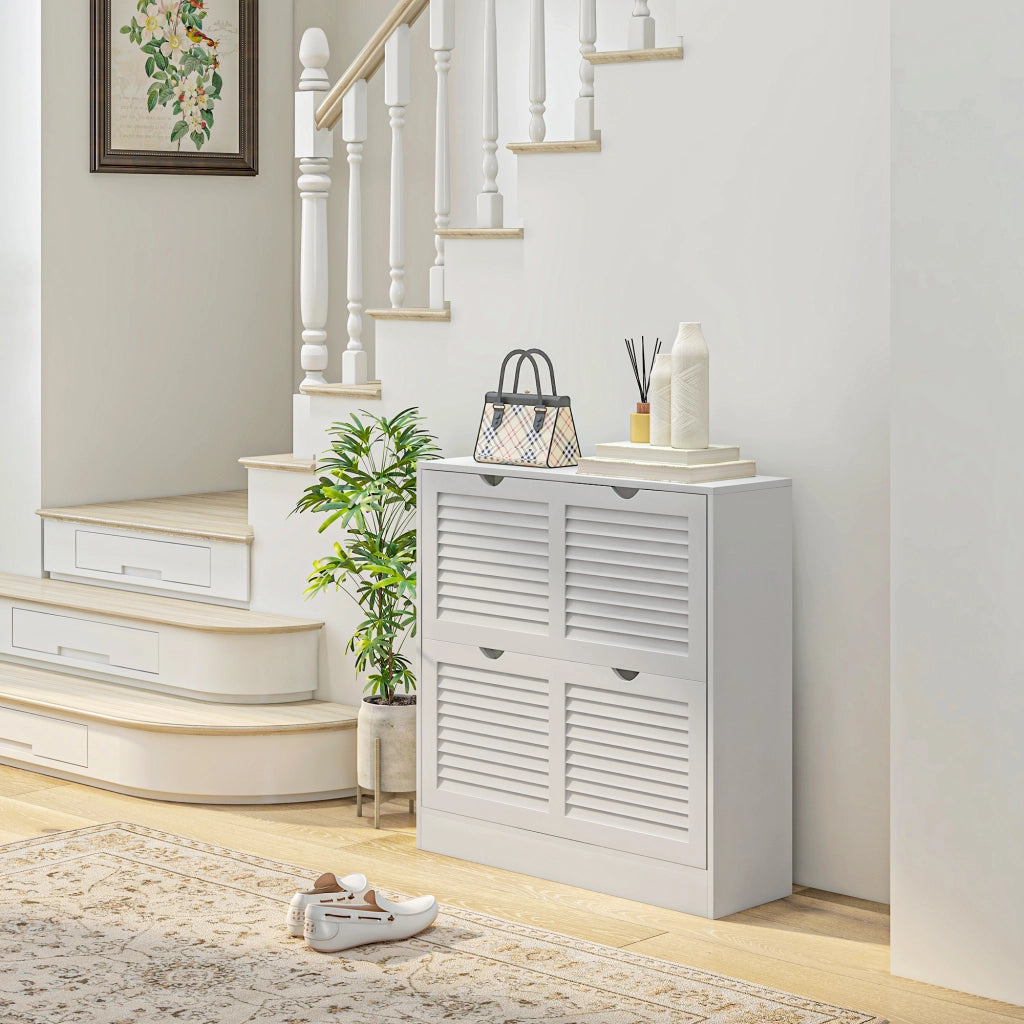 EasyComfort Mobile Scarpiera Salvaspazio in Legno per 16 Paia di Scarpe con 2 Ante a Ribalta, 81.5x25x83cm, Bianco