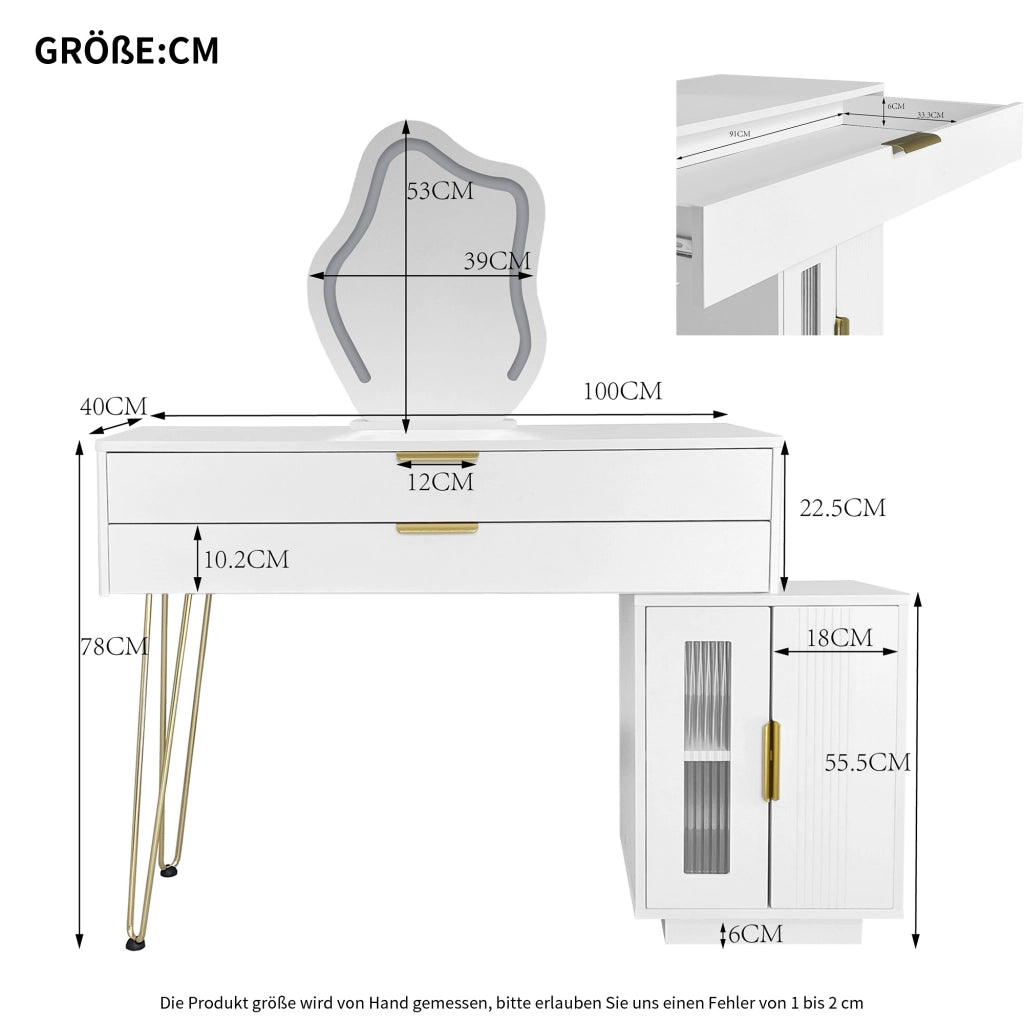 Toeletta bianca con specchio LED a 3 luci, due cassetti e design scorrevole