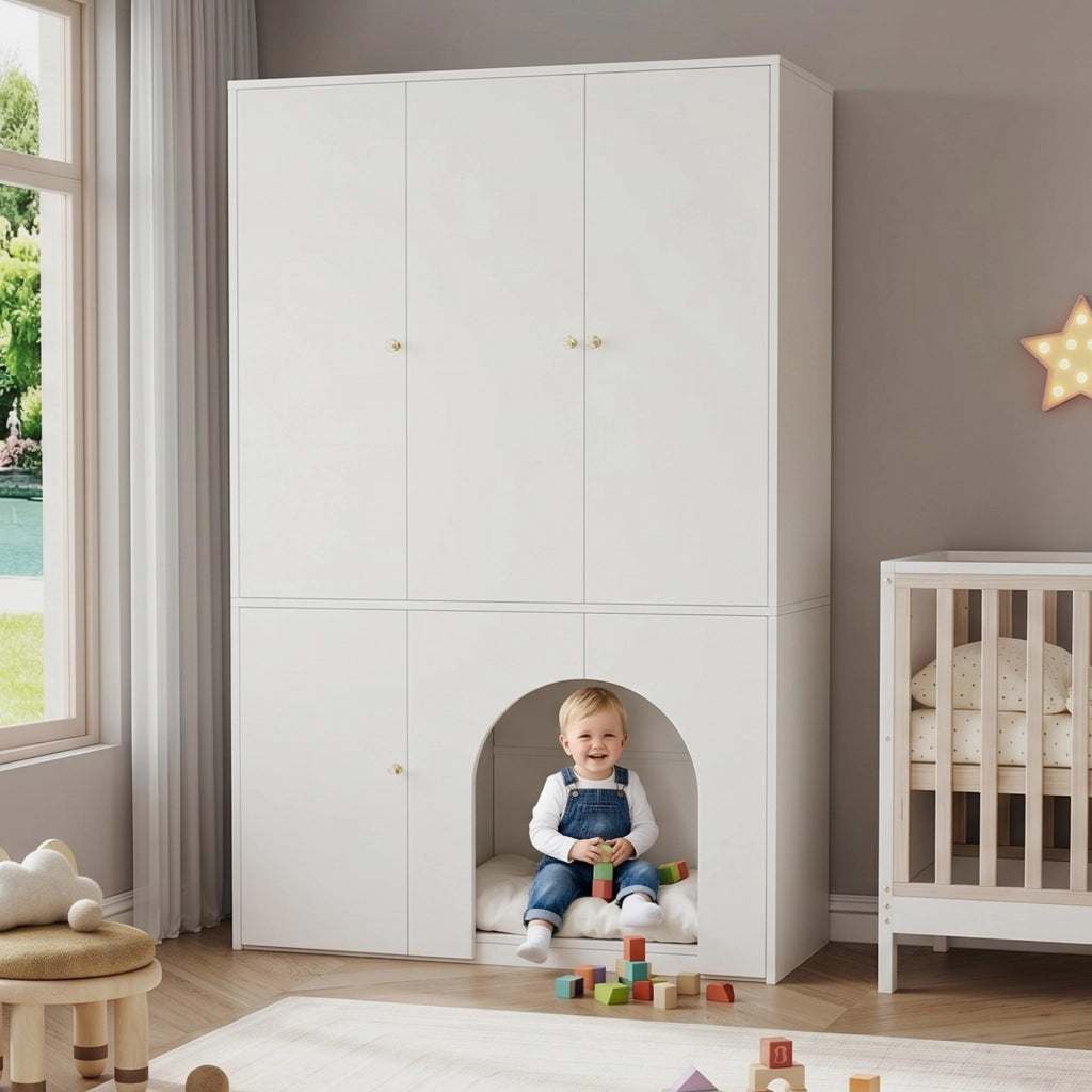 Armadio a 3 ante con asta appendiabiti e ripiani; vano inferiore ad arco; per camera da letto; 120×50×200 cm