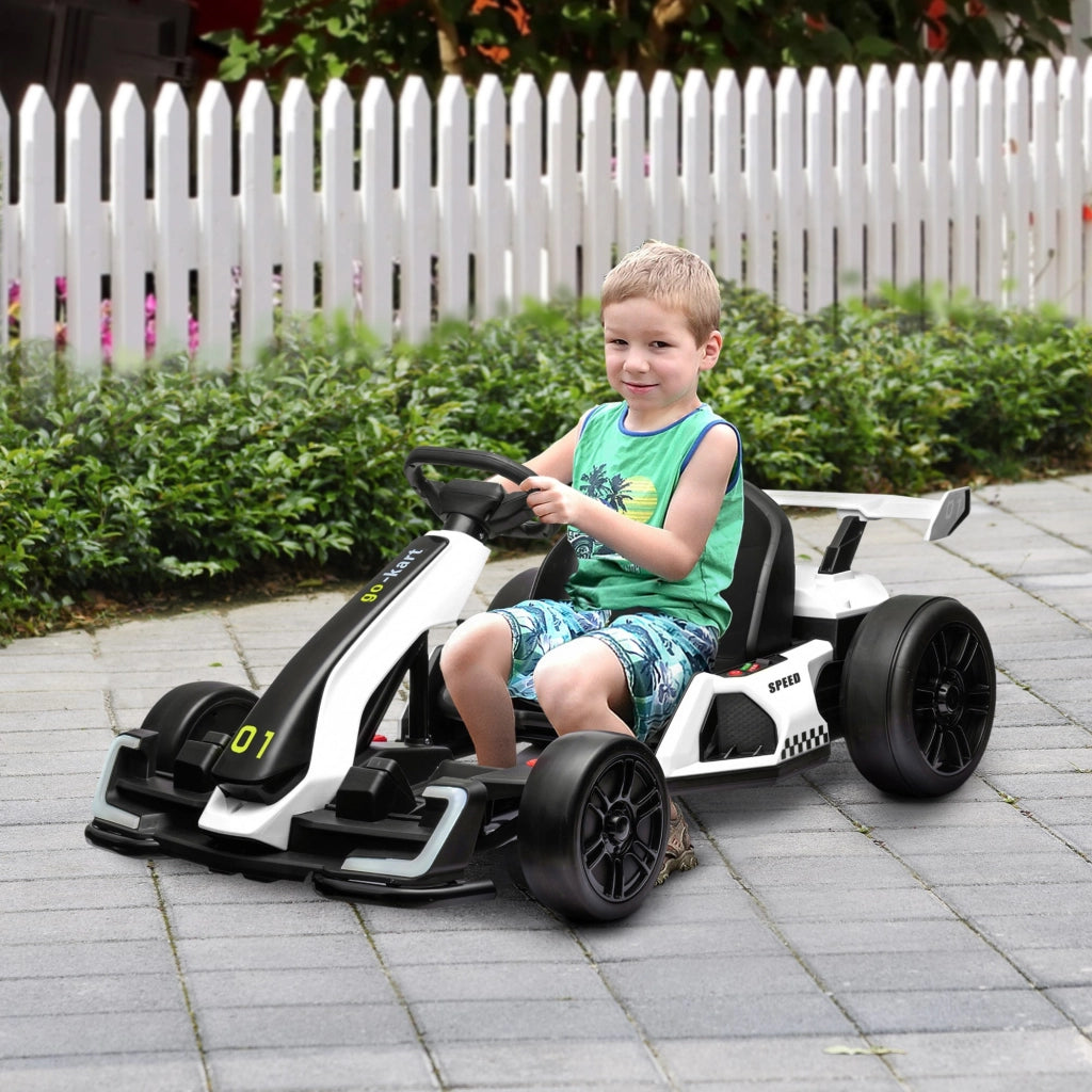EasyComfort Go Kart Elettrico per Bambini 6-12 Anni 24V 12km/h con Seggiolino Regolabile, Bianco