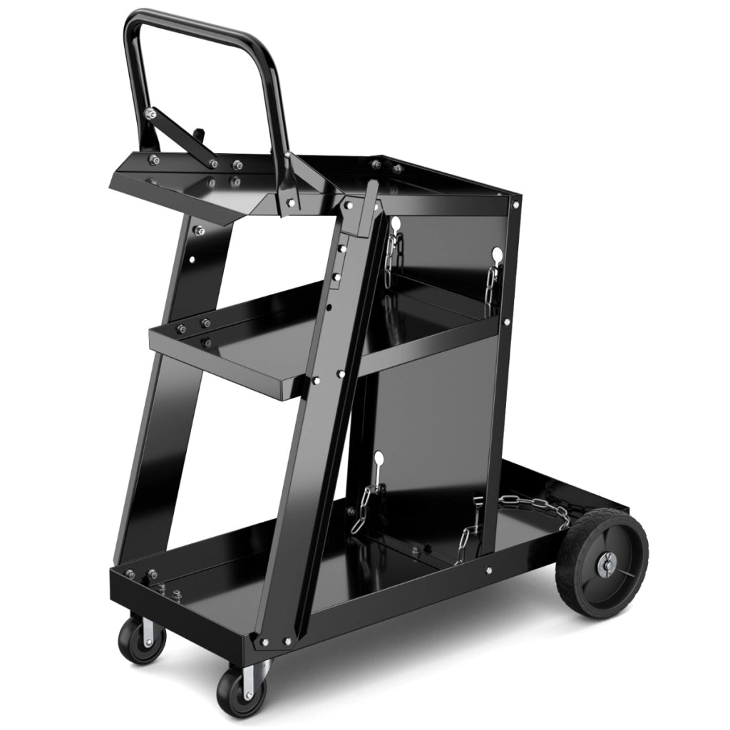 Carrello per saldatore con tavolo inclinabile e 4 ruote per serbatoio, Carrello da saldatura a 3 livelli con catene anti-ribaltamento Nero
