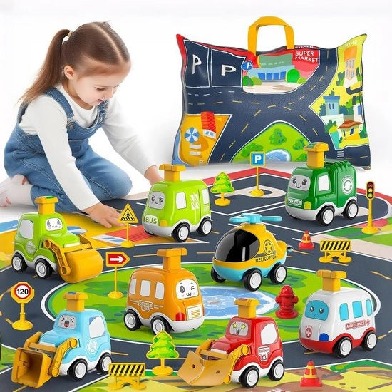 Impianto di gioco per bambini a partire da 1 anno - Set di 10 pezzi - Ritirate le auto - Kit di gioco - Borsa di stivaggio - Tappeto di gioco - Codice prodotto:  - Modello: - Caratteristiche tecniche: 10 pezzi