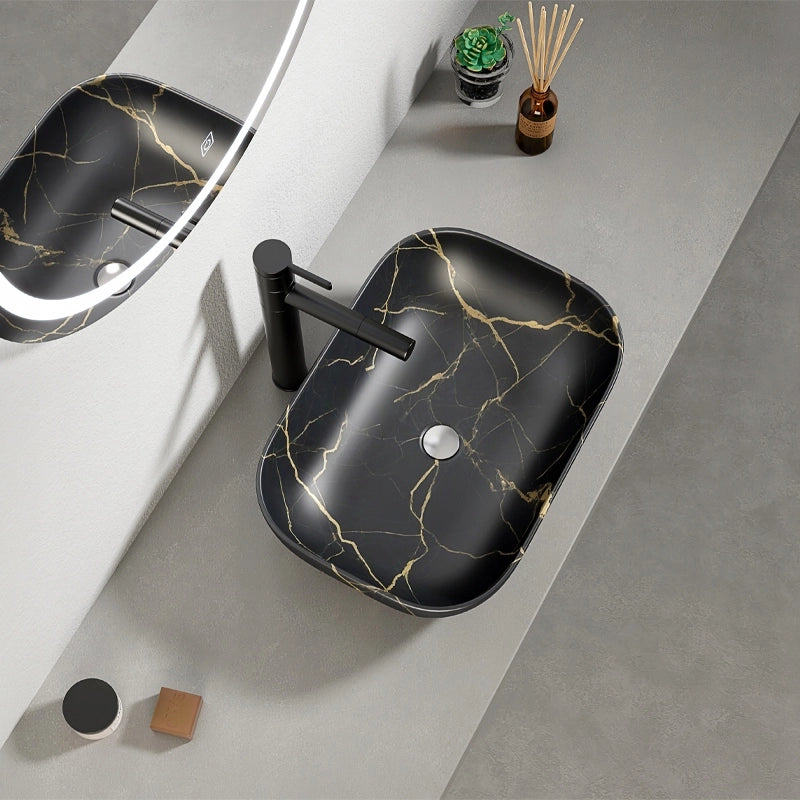 LAVABO DA APPOGGIO NERO OPACO MARMO CON VENE OVAL CERAMICA LOFT  46,5x33 CM