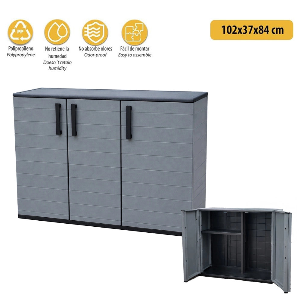 ARMADIO BASSO IN POLIPROPILENE CON 3 ANTE E RIPIANO 102 X 37 X H84 CM