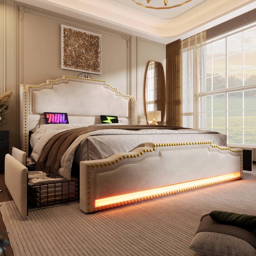 Letto matrimoniale 180x200 con 4 cassetti, LED e porte USB-C