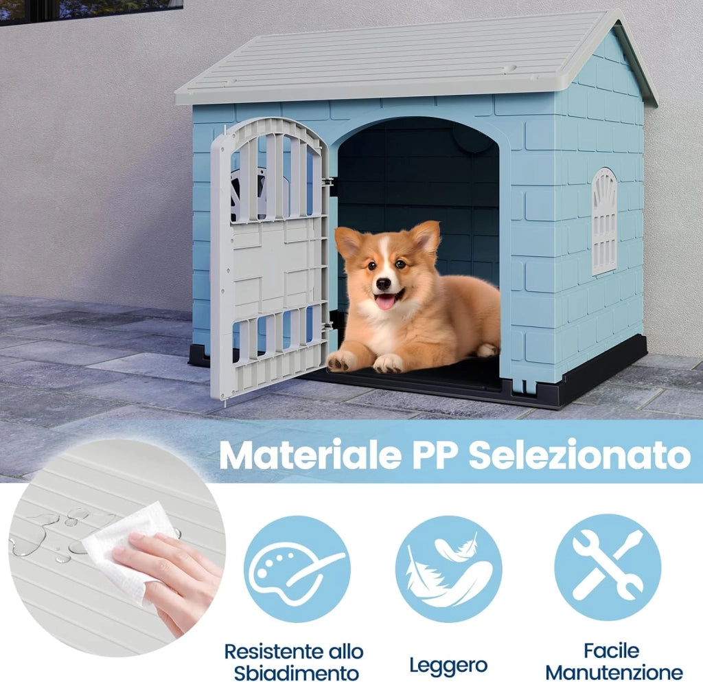 Cuccia per Cani da Esterno ed Interno, Cassetta per Cani con Porta Bloccabile, 3 Finestre e Tetto Inclinato, Cucce per Cagnolino in Plastica Impermeabile (Blu)