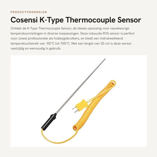 Termocoppia K-Tipo - Sensore di Temperatura - Prova in Acciaio Inossidabile - Lunghezza 20 cm - Intervallo di Temperatura - Connettorino Miniatto
