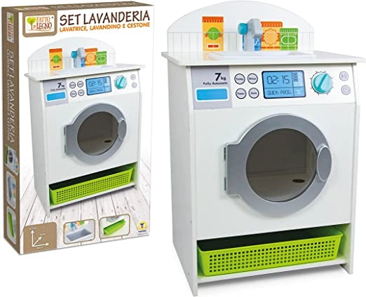 Teorema Giocattoli- Lavanderia in Legno con Lavatrice, Lavandino e Cesto per i Panni, Colore Bianco, 40643