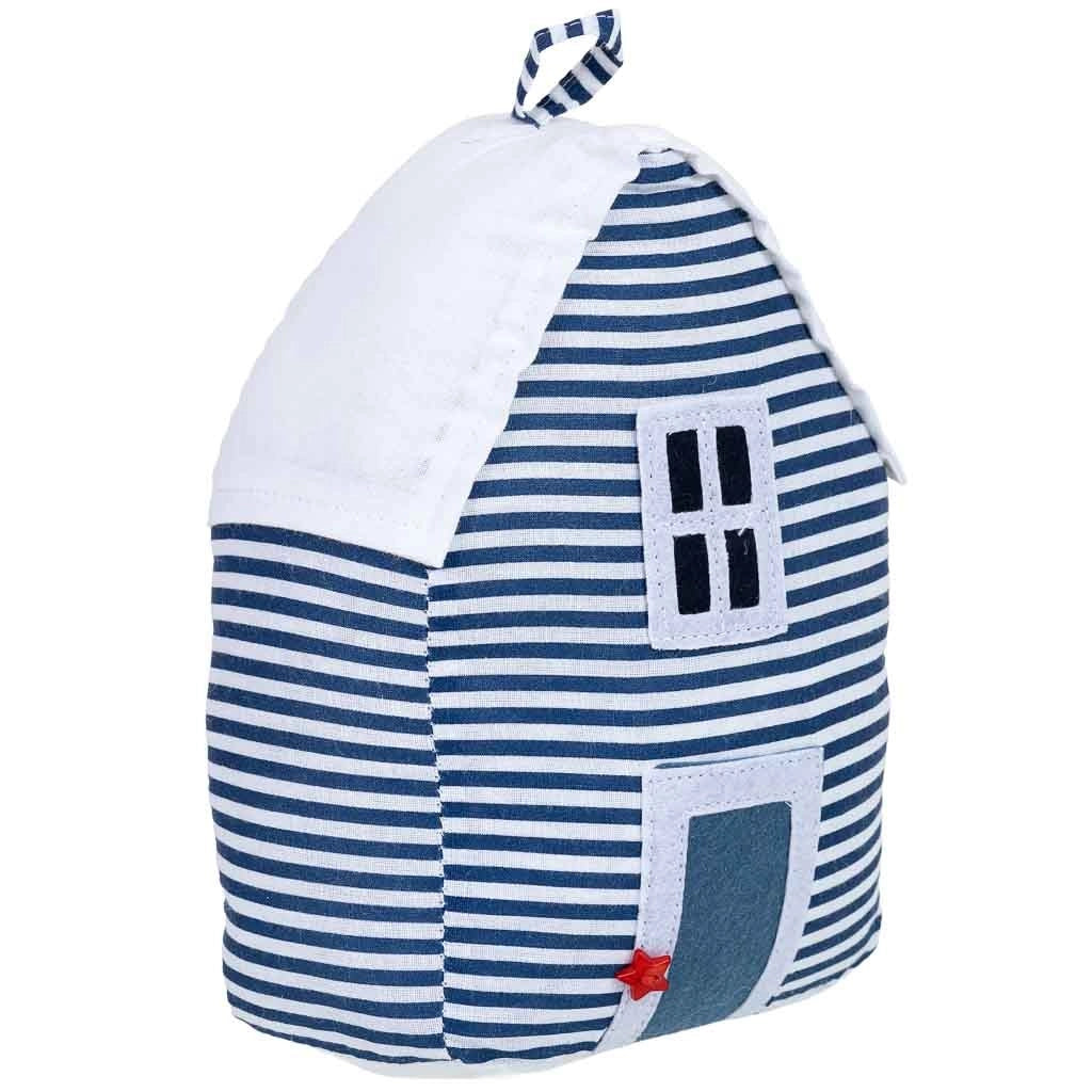 Fermaporta in cotone con casa blu, 16x12x20h cm