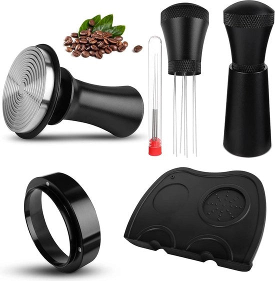 Accessori barista premium - base tamper con rilievo e espresso tamper in acciaio inossidabile - set tampatore 58mm con strumento WDT - dosatore con regolatore di pressione 15lb / 25lb - matrice tampatore